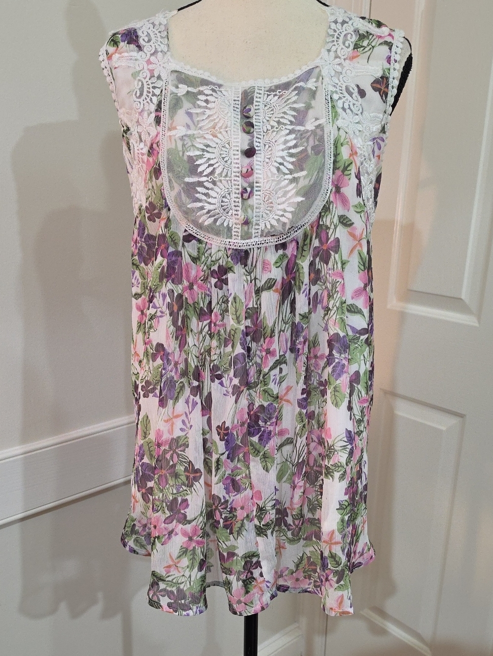 Denim 24/7 Floral Lace Bib Sleeveless Tunic Blouse Top Boho - Size 18W